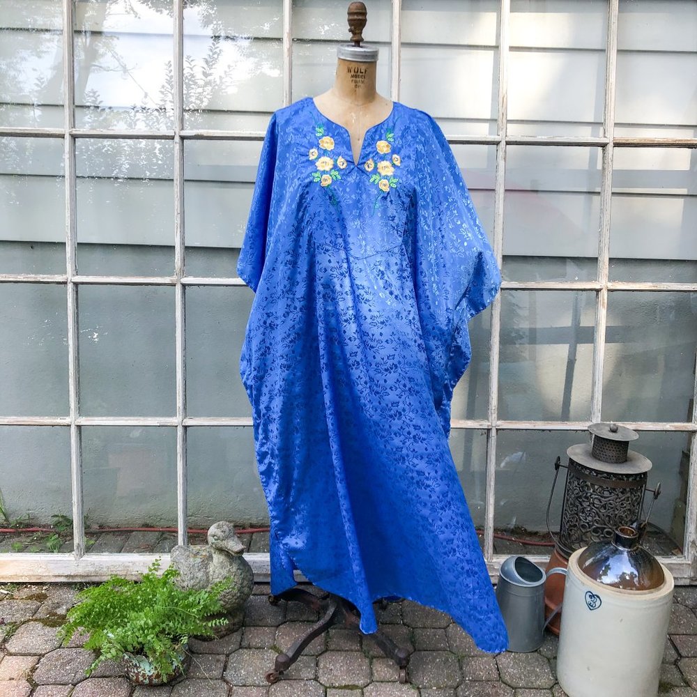 SOLD Vintage 80s Blue Embroidered Kaftan Mumu Maxi - Picture 1 of 7